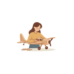 Intricate wooden airplane assembly a delightful young woman focuses with passion to make a