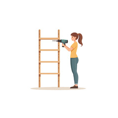 Naklejka premium Woman assembling wooden shelving unit with power drill showing diy skills and home improvement