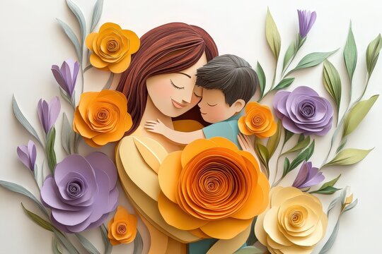 Affectionate mother embraces her sleeping child surrounded by vibrant paper craft flowers