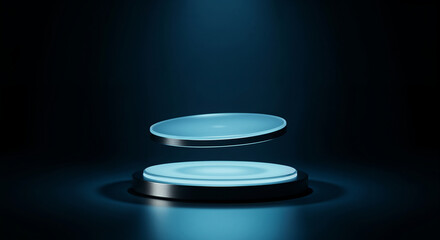 Dark and futuristic double-layered product display podium with neon blue edge lighting, a floating glass platform and a spotlight overhead
