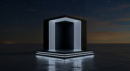 Cinematic view of a monolithic portal product stand with vertical neon white lights on a reflective wet surface under a starry night sky