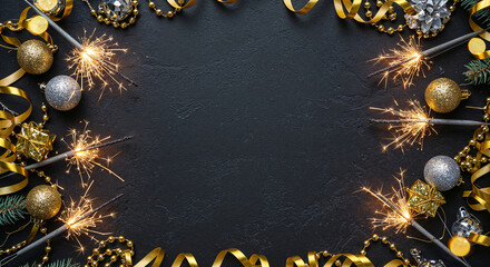 Festive New Year's or Christmas background frame of lit sparklers, golden beads, ribbon, ornaments, and fir branches on a black stone surface