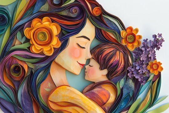 Intricate paper craft depicts a tender moment of maternal affection surrounded by vibrant floral elements