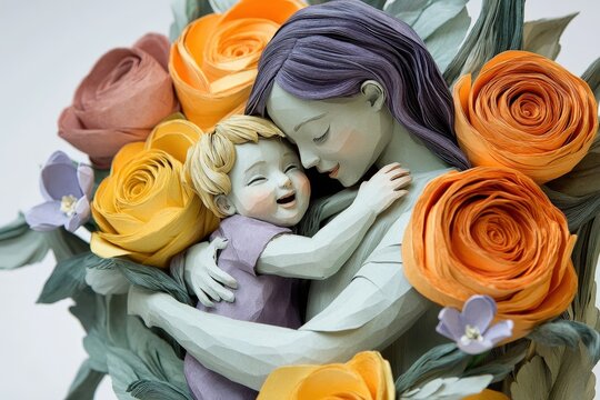 Sculpture depicting maternal affection surrounded by elaborate floral elements