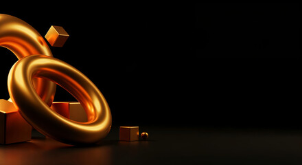 Luxurious abstract composition of smooth bronze metallic 3D rings and cubes on a sleek black reflective surface with dark shadow space