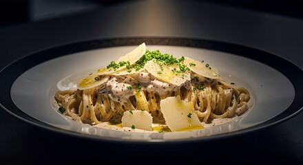 A gourmet plate of fettuccine pasta with a creamy sauce, topped with shaved parmesan cheese and fresh green herbs.