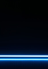 Minimalist dark vertical background with a single bright glowing blue neon light bar strip reflecting on a polished concrete floor