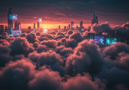 Futuristic cityscape above clouds with buildings at sunset digital illustration - Powered by Adobe