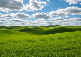 Fototapeta premium Rolling green hills under a bright blue sky with puffy white clouds