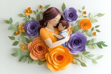 Paper craft illustration depicts a mother tenderly embracing her sleeping child surrounded by colorful floral elements