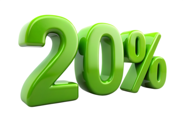 Shiny green 3d twenty percent symbol with highlights and shadows isolated on a transparent background