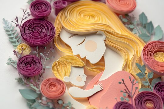 Paper craft artwork depicts a nurturing embrace between a mother and child surrounded by sculpted flowers - Powered by Adobe
