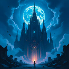 A towering gothic cathedral being approached by a solitary figure.