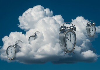 Surreal floating clocks in a cloudy sky representing time and concept