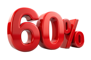 Shiny red 3 D sixty percent symbol with realistic lighting and reflections isolated on a transparent background