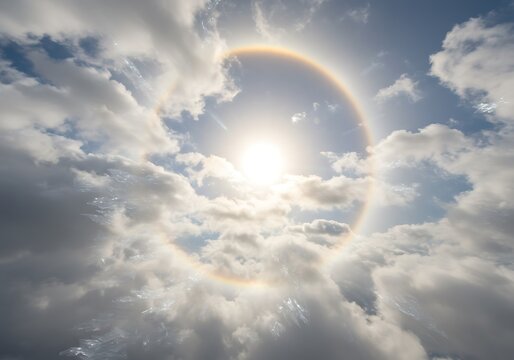 Stunning celestial phenomenon a solar halo framed by billowing clouds against blue sky - Powered by Adobe