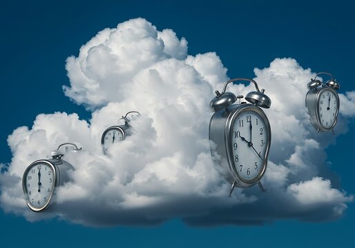 Surreal floating clocks in a cloudy sky representing time and concept