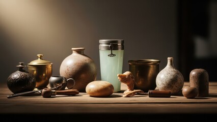 Still life arrangement of antique bottles and tools on a wooden surface