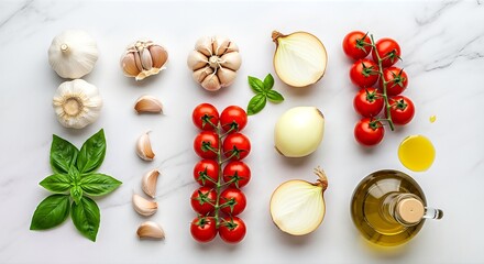 Fresh Italian cooking ingredients like tomatoes, garlic, basil, onions, and olive oil arranged on a white marble background.