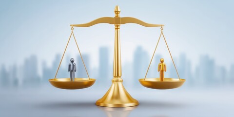 Concept of replacing work with automation. A golden scale balances two figures, symbolizing justice, fairness, and equality against a soft-focus cityscape background.