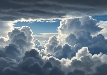Dramatic cloudscape with layered formations and sunlight illuminating the sky