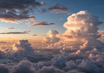 Dramatic cloudscape with layered formations illuminated by sunlight at dusk or dawn