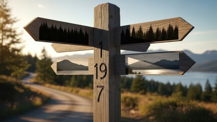 Wooden signpost with multiple directions in a scenic mountain landscape