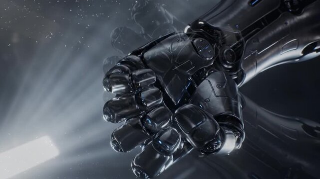 A futuristic, mechanical hand clenches in a bright, ethereal atmosphere, with an undefined background