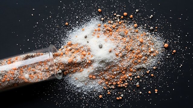 Close up of fertilizer mix spilling from test tube on a dark surface representing agricultural science and soil enrichment