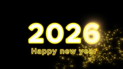 2026 with a celebratory Happy New Year 2026 greeting highlighted by sparkling golden particle effects against a dark backdrop symbolizing the bright and festive new year 4k video