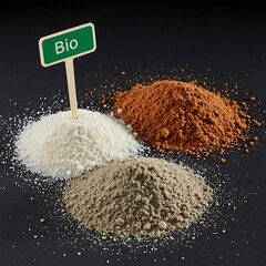 Three piles of different colored organic materials with a bio sign against a black background representing sustainable ingredients