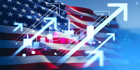 Rising arrows and stock market data overlay on waving US and israel flag symbolizing economic growth and financial success concept in American economy.