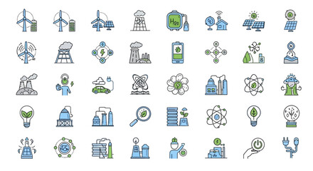 Collection of Icons Representing Renewable Energy and Technology Concepts. Vector Illustrations. EPS Editable