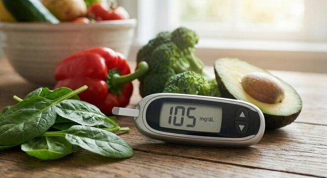 Blood glucose meter showing healthy sugar level with fresh vegetables and fruits symbolizing a balanced diet for diabetes management, emphasizing nutrition, health, and wellness