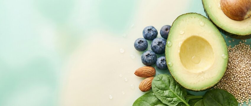 Fresh superfood ingredients creating a nutritious diet concept with avocado halves, blueberries, spinach leaves, almonds, and quinoa for healthy eating and wellness