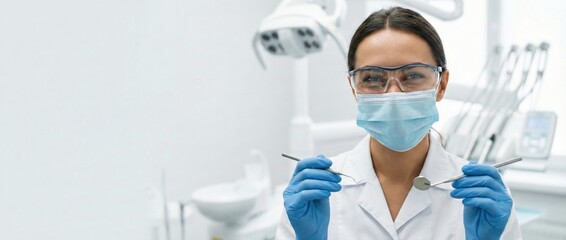 Female dentist in protective mask and glasses holding dental instruments, smiling, providing professional oral care with clean dental clinic equipment in the background