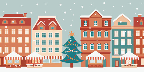 Obraz premium Festive christmas market scene with snowfall and decorated tree