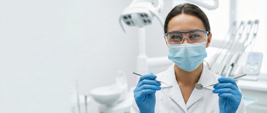 Female dentist in protective mask and glasses holding dental instruments, smiling, providing professional oral care with clean dental clinic equipment in the background - Powered by Adobe