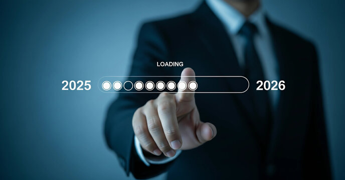 Futuristic loading bar progressing from year 2025 to 2026 for new business strategy.