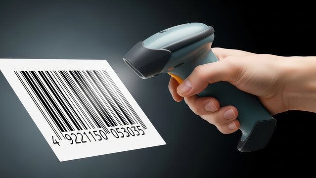 Hand holding a barcode scanner reading a product barcode