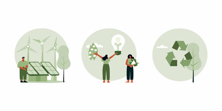 Sustainable energy recycling and green initiatives illustrated with people and icons