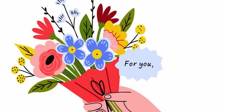 Hand holding a colorful bouquet of flowers with a for you message - Powered by Adobe