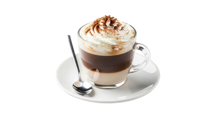 Delicious Layered Coffee Drink with Whipped Cream and Cocoa Dusting on White Saucer