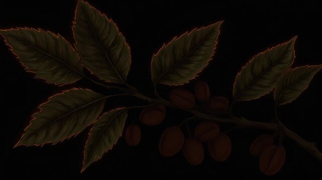 Branch with leaves and berries with glowing edges against a dark background