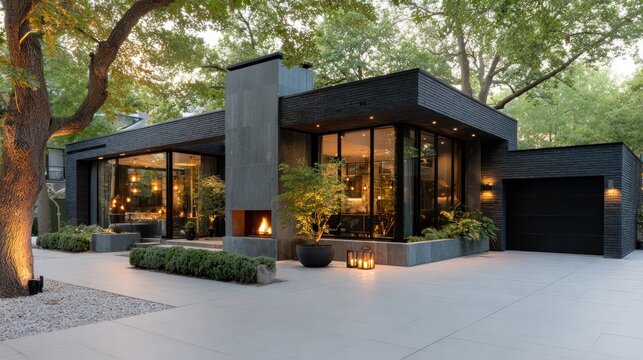Modern luxury home exterior design with fireplace and large windows, black facade