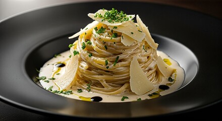 A gourmet serving of creamy spaghetti pasta topped with Parmesan cheese shavings and fresh herbs in a black bowl.