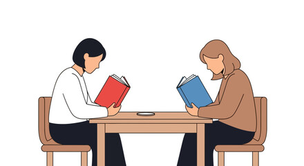 Fototapeta premium Two people sitting at a table reading books.