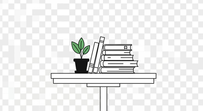 Stack of books and potted plant on a table.