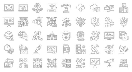 Collection of Technology and Business Icons Representing Innovation and Data. Vector Illustrations. EPS Editable