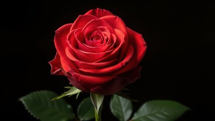 Naklejka premium Single red rose with dark background and green leaves